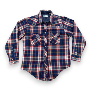 Vintage Western Shirt Adult LARGE Blue Red Plaid Acrylic Pearl Snap Workwear 70s